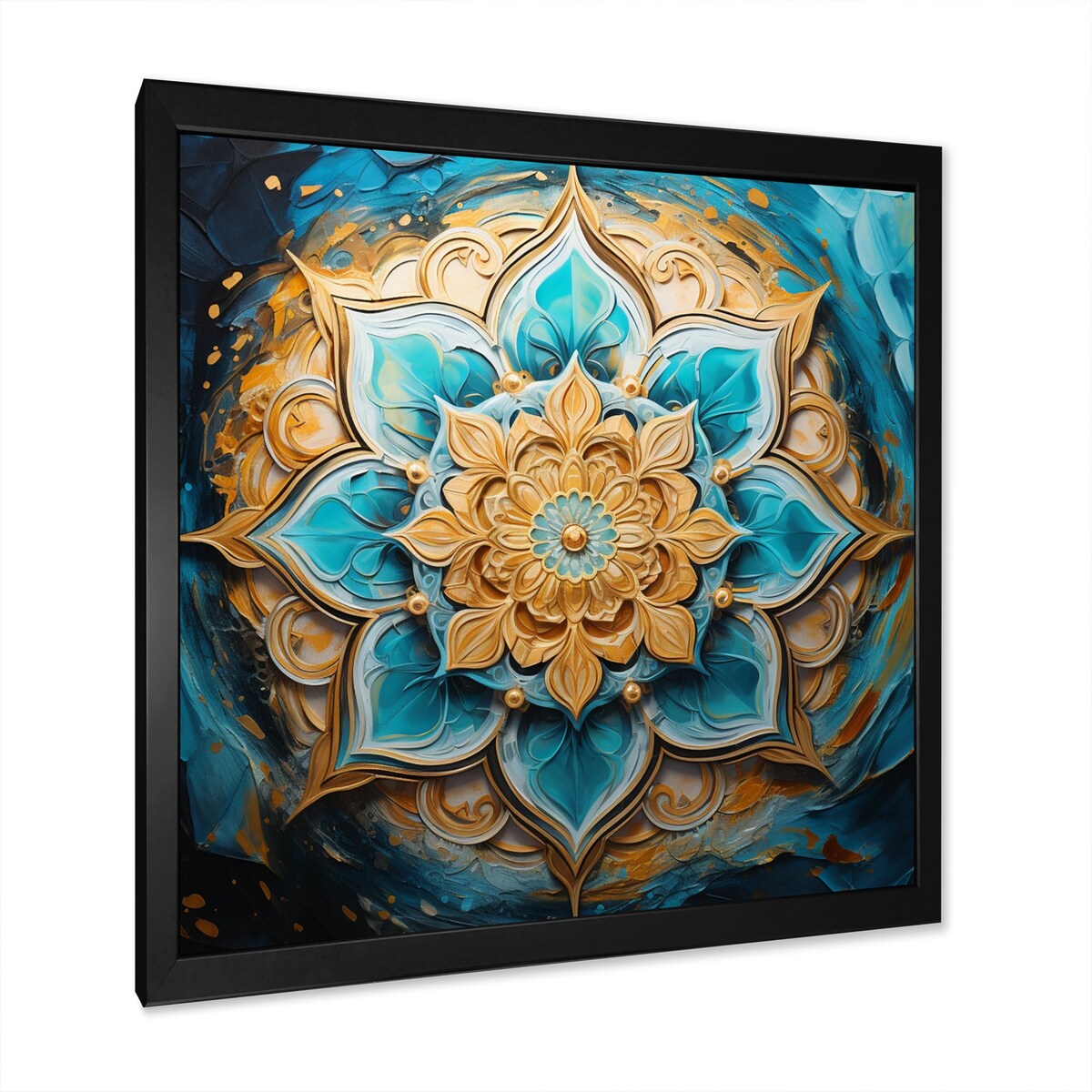 Designart "Divine Mandala In Vintage Gold And Turquoise I" Boho Mandala Framed Wall Art Prints