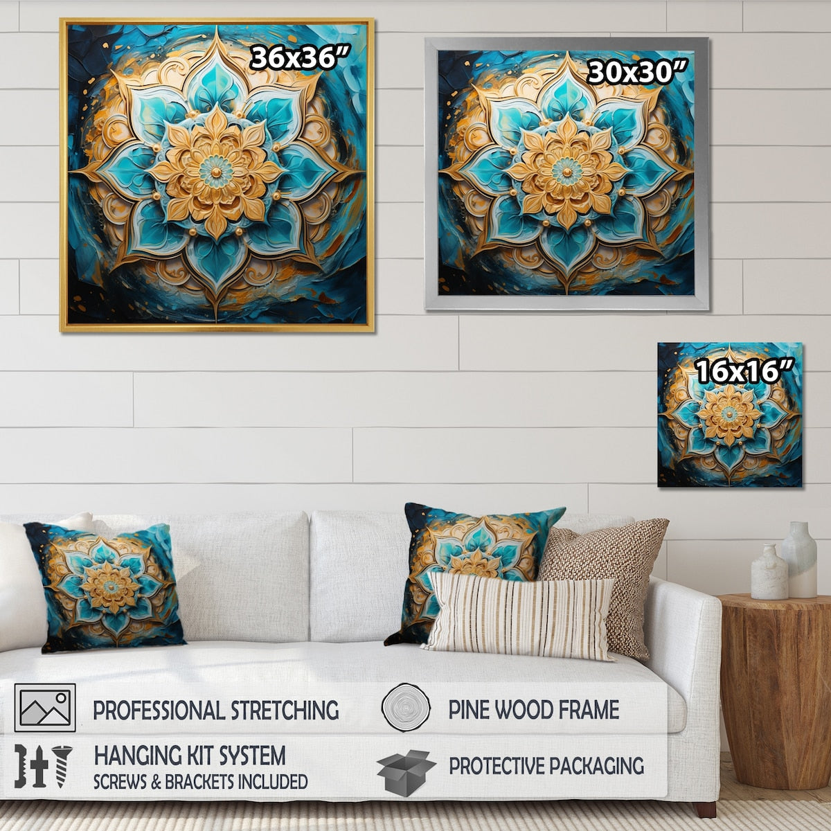 Designart "Divine Mandala In Vintage Gold And Turquoise I" Boho Mandala Framed Wall Art Prints