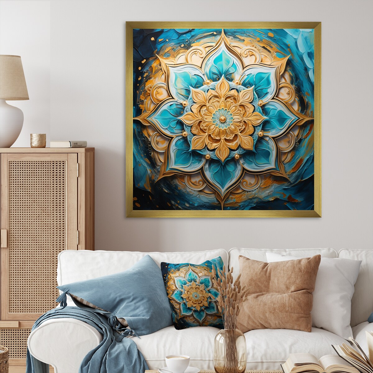 Designart "Divine Mandala In Vintage Gold And Turquoise I" Boho Mandala Framed Wall Art Prints