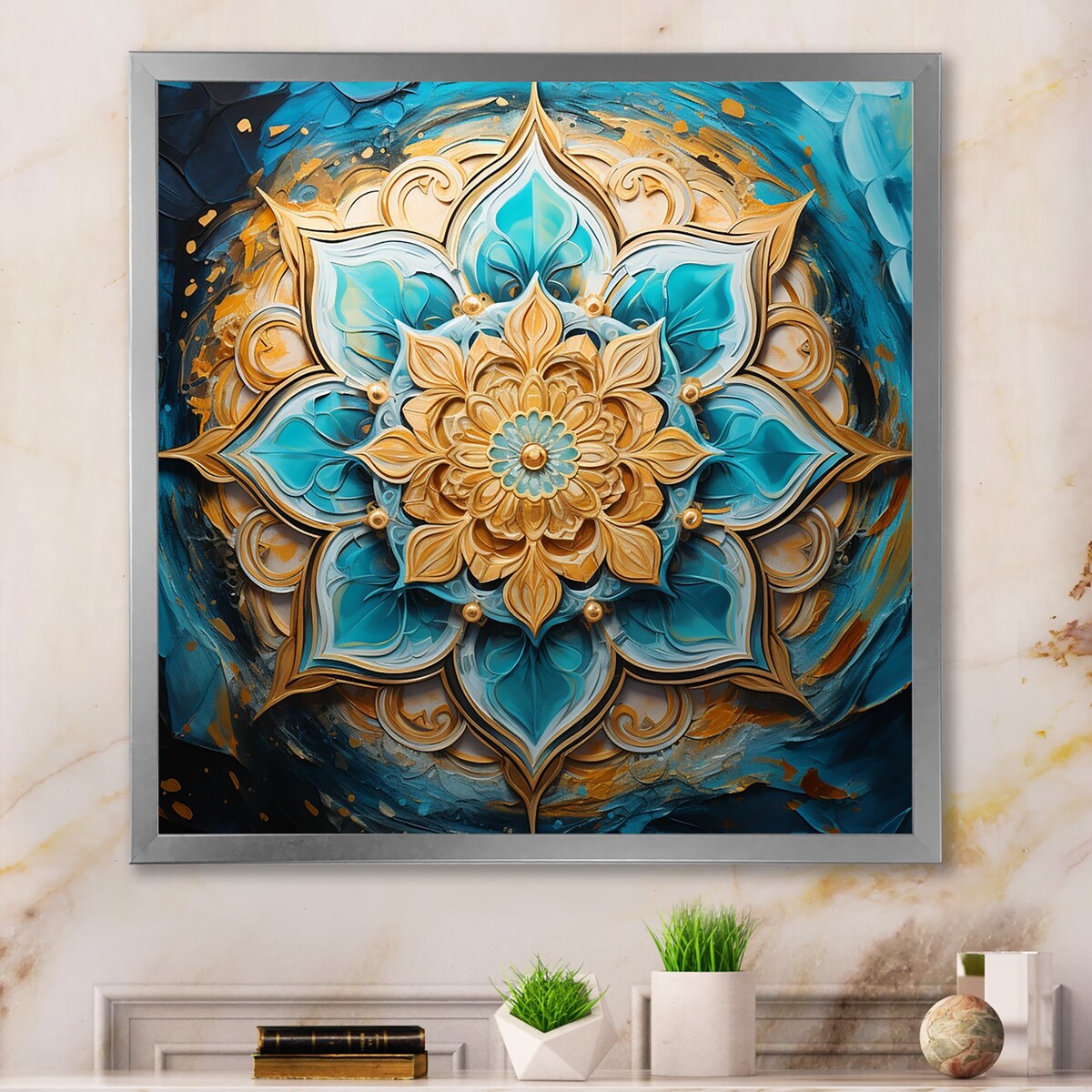 Designart "Divine Mandala In Vintage Gold And Turquoise I" Boho Mandala Framed Wall Art Prints