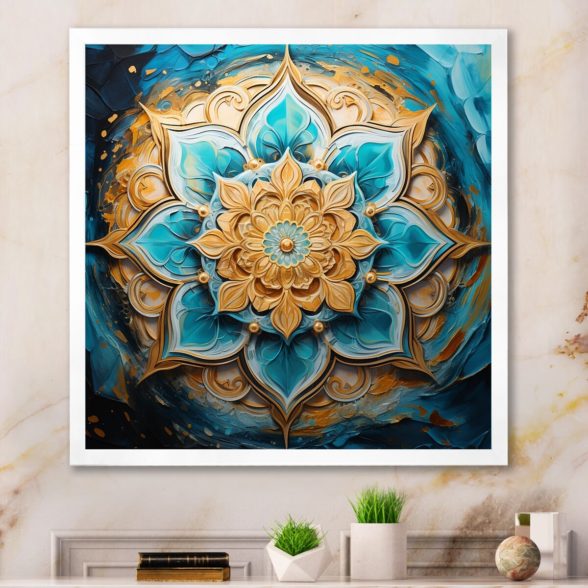 Designart "Divine Mandala In Vintage Gold And Turquoise I" Boho Mandala Framed Wall Art Prints