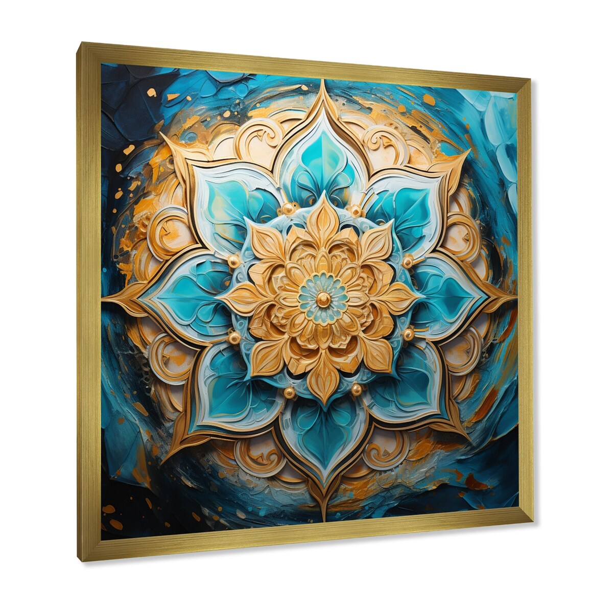 Designart "Divine Mandala In Vintage Gold And Turquoise I" Boho Mandala Framed Wall Art Prints