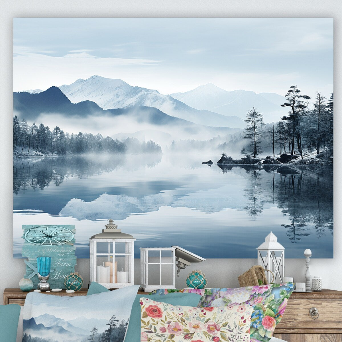 Designart "Double Exposure Mountain Fog Paradise I" River Wall Art Canvas