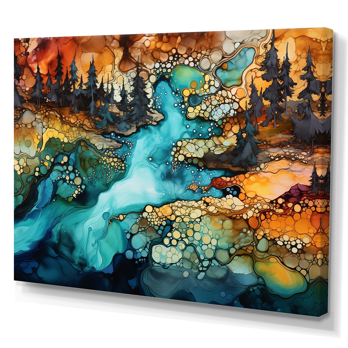 Designart "Dreamscape Lakes Rivers Liquid Ink Landscape I" River Wall Art Canvas