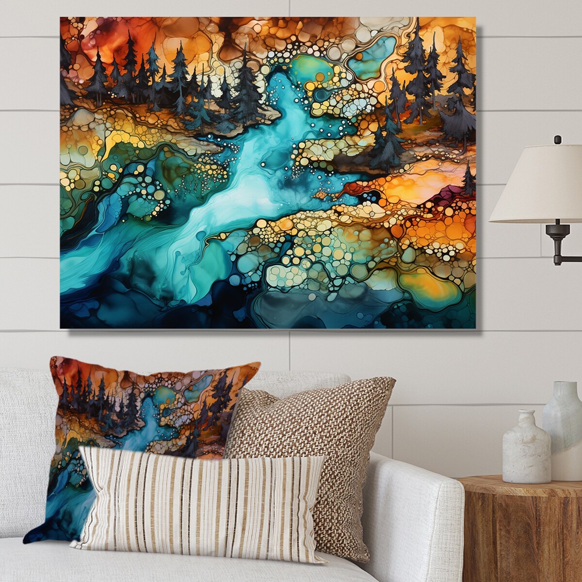 Designart "Dreamscape Lakes Rivers Liquid Ink Landscape I" River Wall Art Canvas