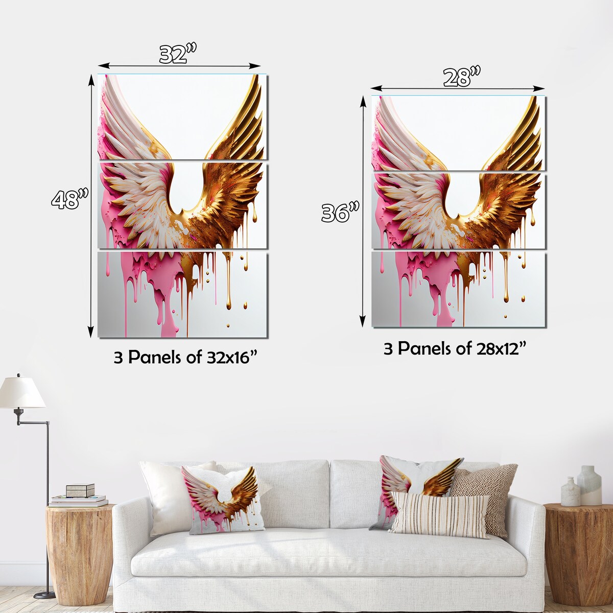 Designart "Dusty Pink Angel Wings " Wings Angel Canvas Art Print - 3 Panels