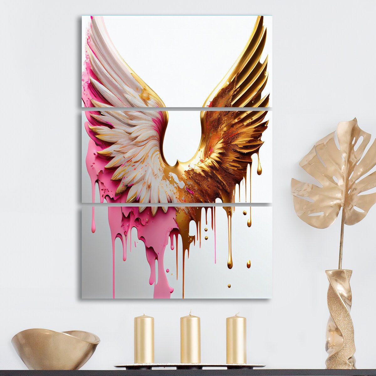Designart "Dusty Pink Angel Wings " Wings Angel Canvas Art Print - 3 Panels
