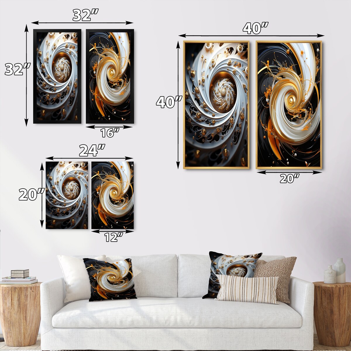 Designart "Eflorescence White Gold Liquid Floral Spiral" Abstract Spirals Framed Wall Art Gallery Wall Set Of 2