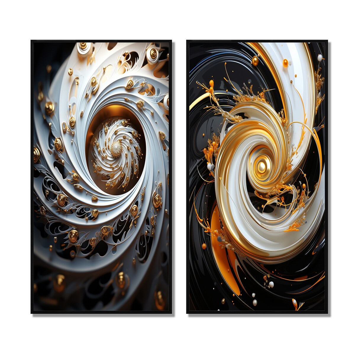 Designart "Eflorescence White Gold Liquid Floral Spiral" Abstract Spirals Framed Wall Art Gallery Wall Set Of 2