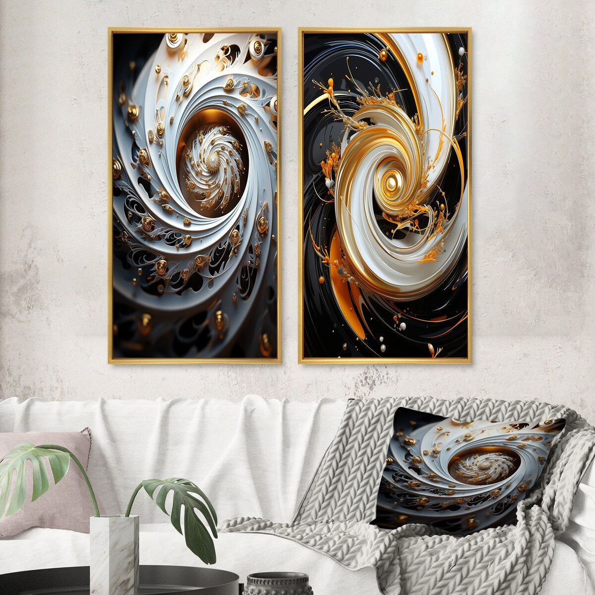 Designart "Eflorescence White Gold Liquid Floral Spiral" Abstract Spirals Framed Wall Art Gallery Wall Set Of 2