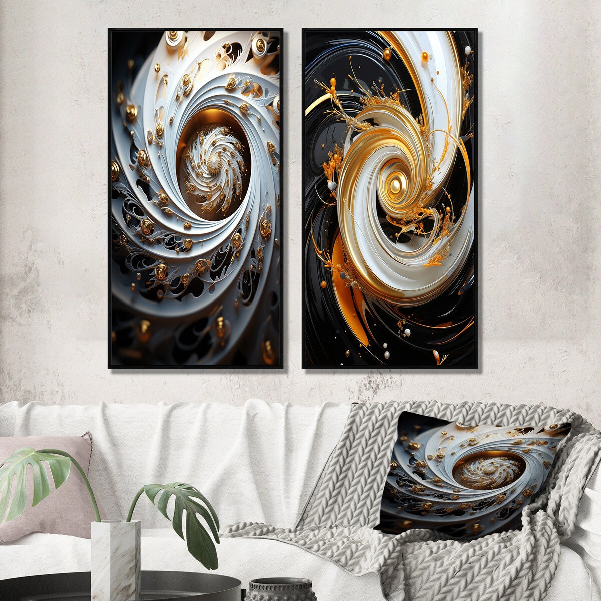 Designart "Eflorescence White Gold Liquid Floral Spiral" Abstract Spirals Framed Wall Art Gallery Wall Set Of 2