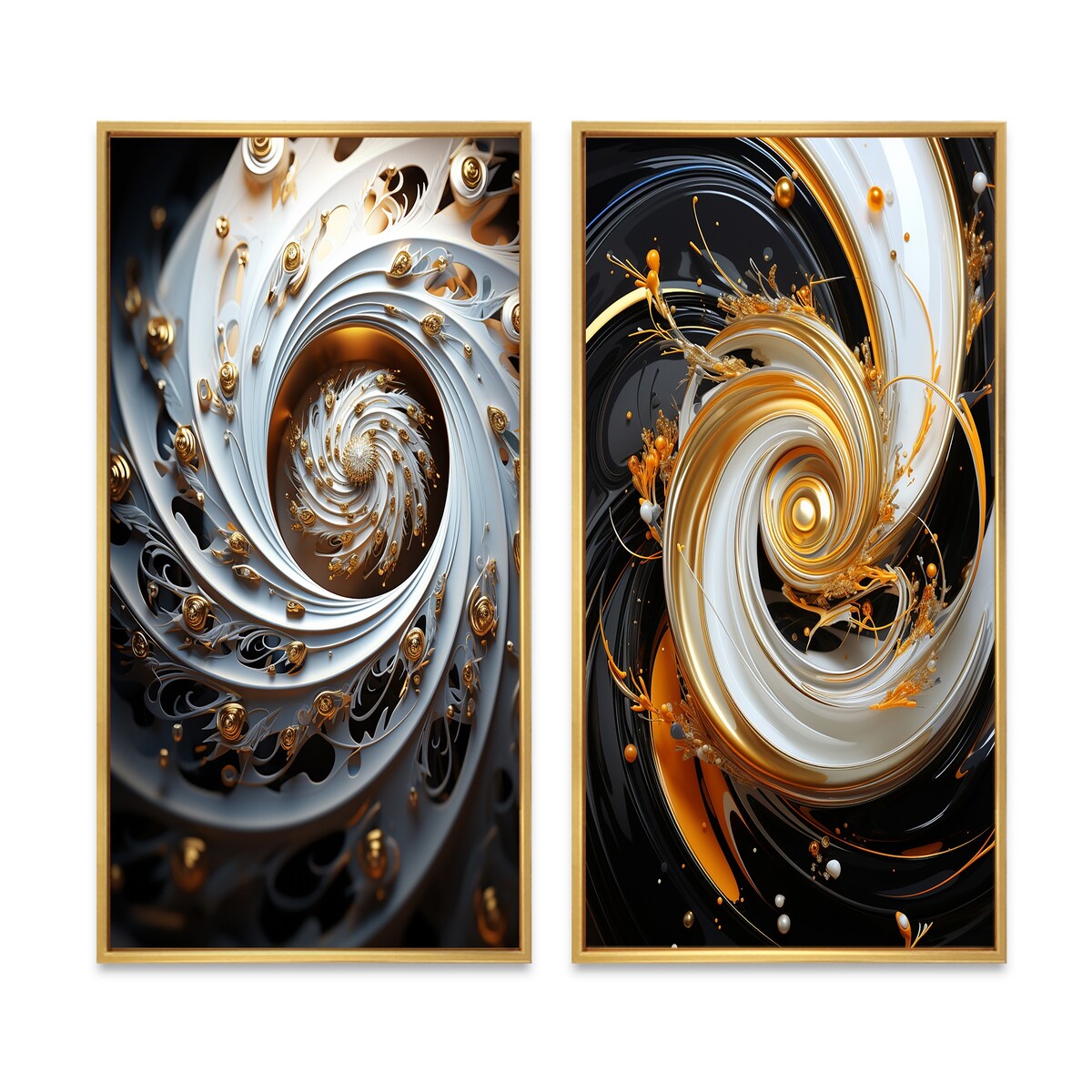 Designart "Eflorescence White Gold Liquid Floral Spiral" Abstract Spirals Framed Wall Art Gallery Wall Set Of 2
