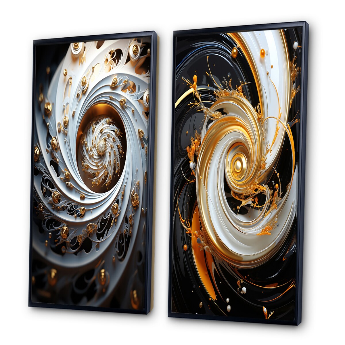 Designart "Eflorescence White Gold Liquid Floral Spiral" Abstract Spirals Framed Wall Art Gallery Wall Set Of 2
