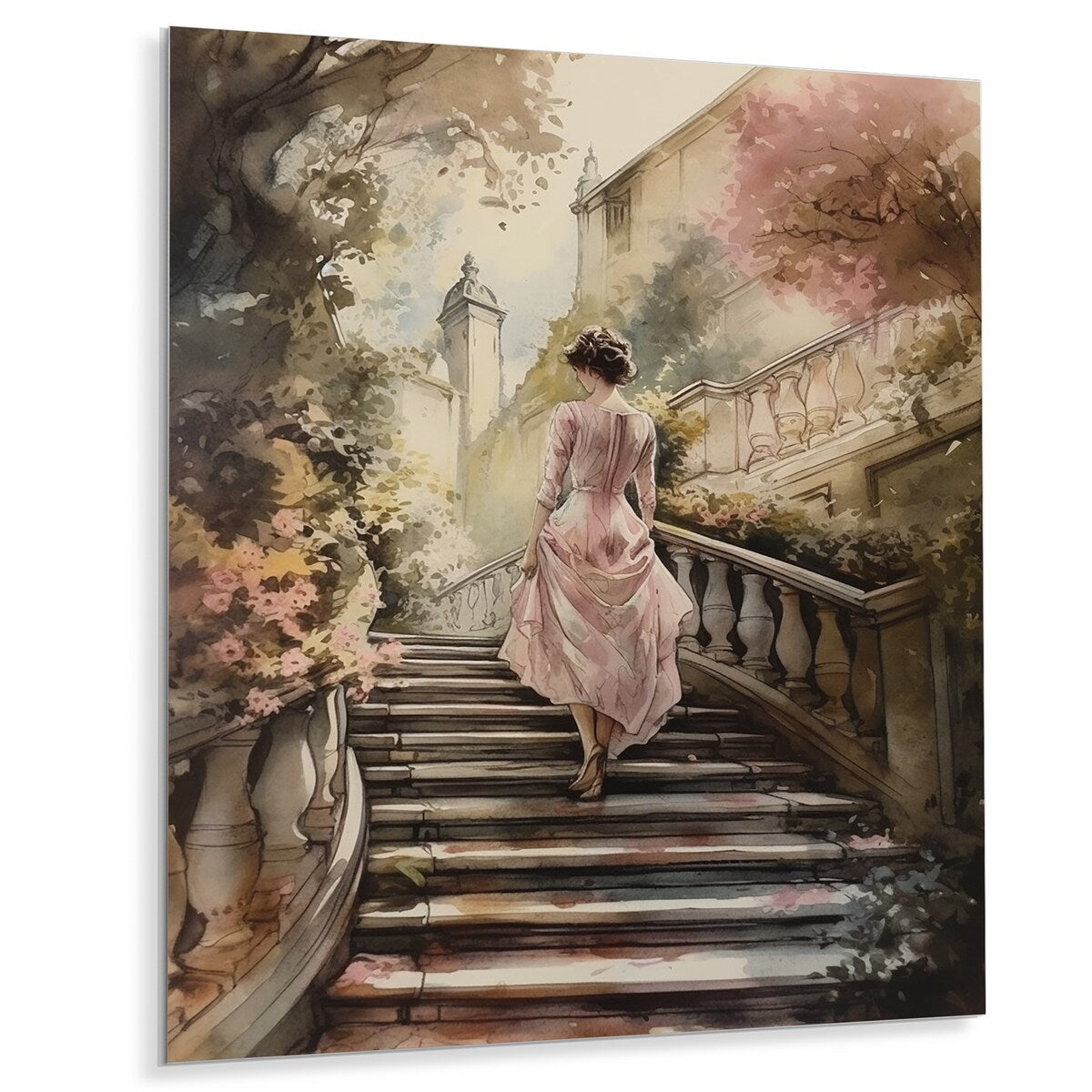 Designart "Elegant Woman Walking Down Stairs III" Woman Romantic Metal Wall Art
