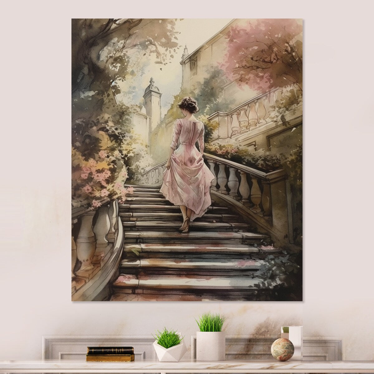 Designart "Elegant Woman Walking Down Stairs III" Woman Romantic Metal Wall Art