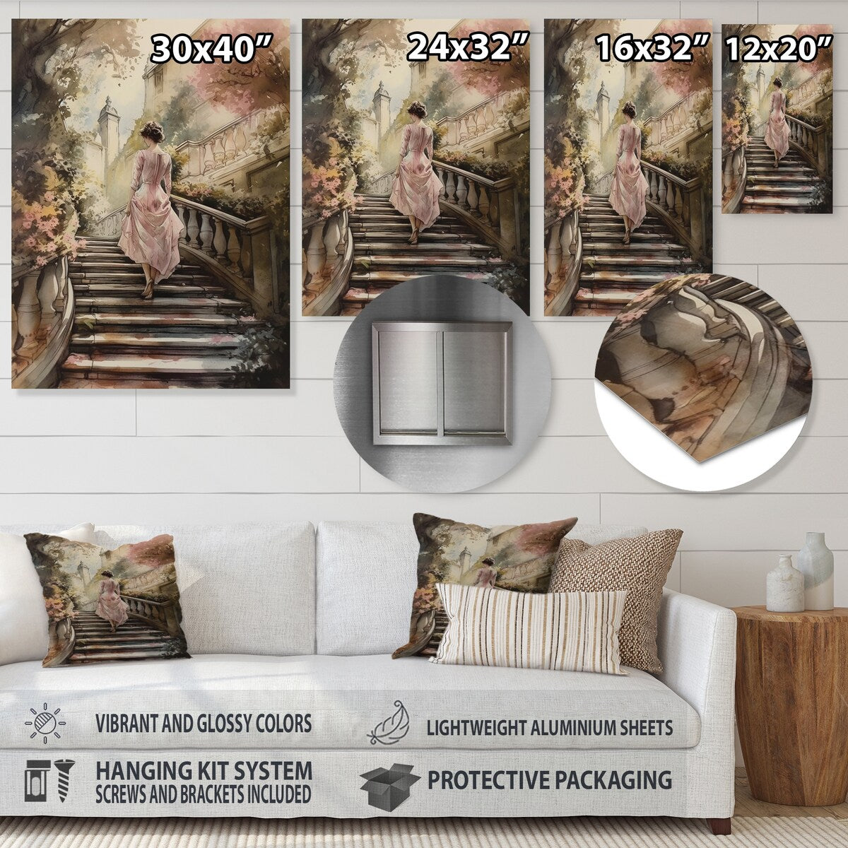 Designart "Elegant Woman Walking Down Stairs III" Woman Romantic Metal Wall Art