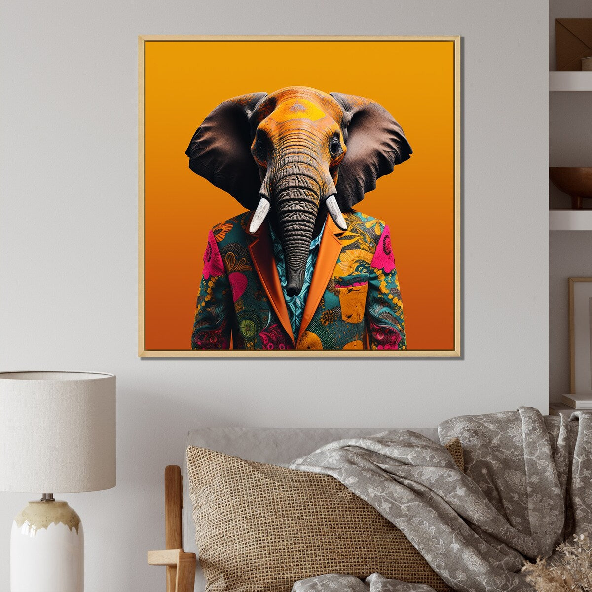 Designart "Elephant Suited Up Yellow And Pink" Elephant Yellow Wall Decor - Modern Hallway Framed Wall Art Decor