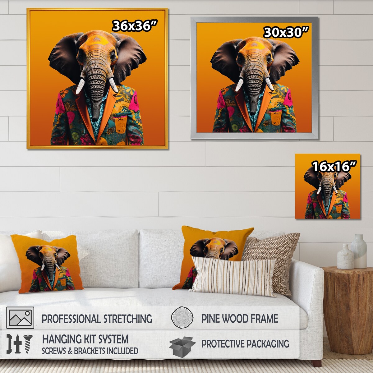 Designart "Elephant Suited Up Yellow And Pink" Elephant Yellow Wall Decor - Modern Hallway Framed Wall Art Decor