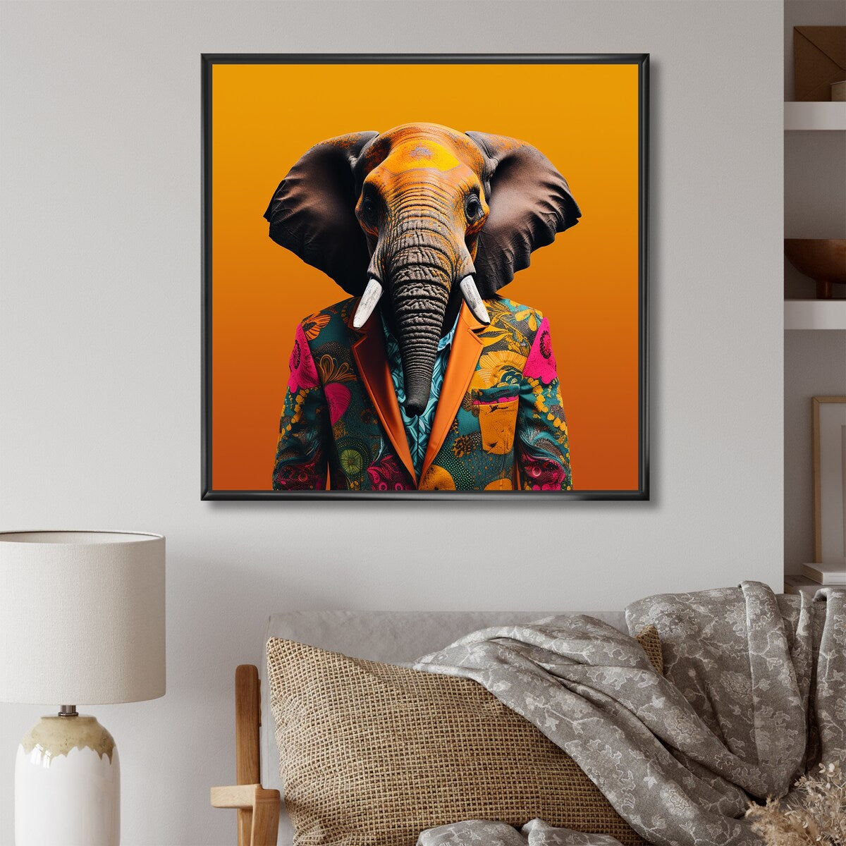 Designart "Elephant Suited Up Yellow And Pink" Elephant Yellow Wall Decor - Modern Hallway Framed Wall Art Decor