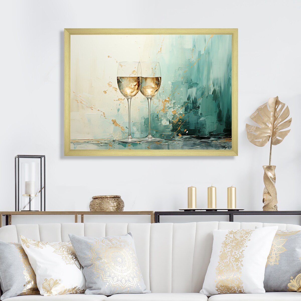 Designart "Emerald Champagne Golden Glass" Champagne Gold Wall Decor - Traditional Entryway Framed Wall Art