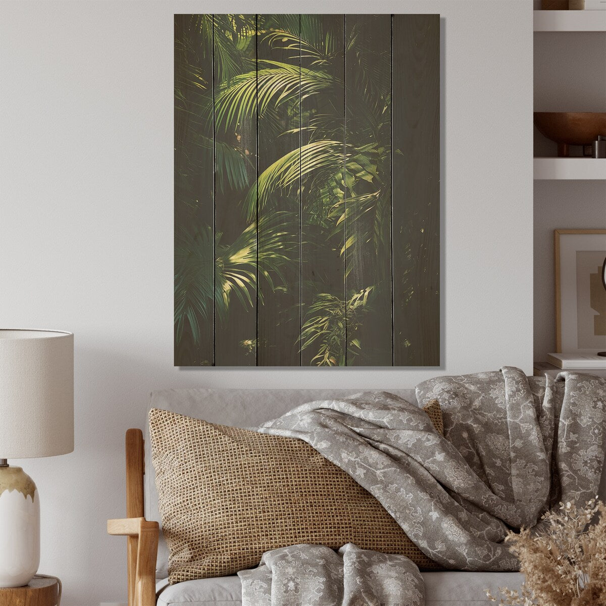 Designart "Emerald Jungle Palm Leaves Embrace I" Palms & Palm Trees Wall Art Green Wood Panel On Natural Pine Wood