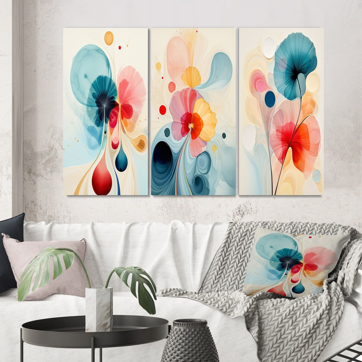 Designart "Energy Of Blossoming Life Retro Minimal Flower II" Abstract Painting Canvas Set Of 3 - For Living Room Decor