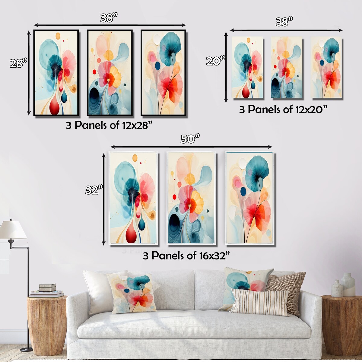 Designart "Energy Of Blossoming Life Retro Minimal Flower II" Abstract Painting Canvas Set Of 3 - For Living Room Decor