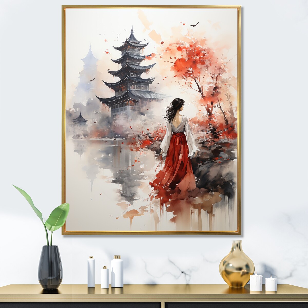 Designart "Essense Of China Woman Silhouette" China Art Red Wall Decor - Global Entryway Framed Wall Art Print