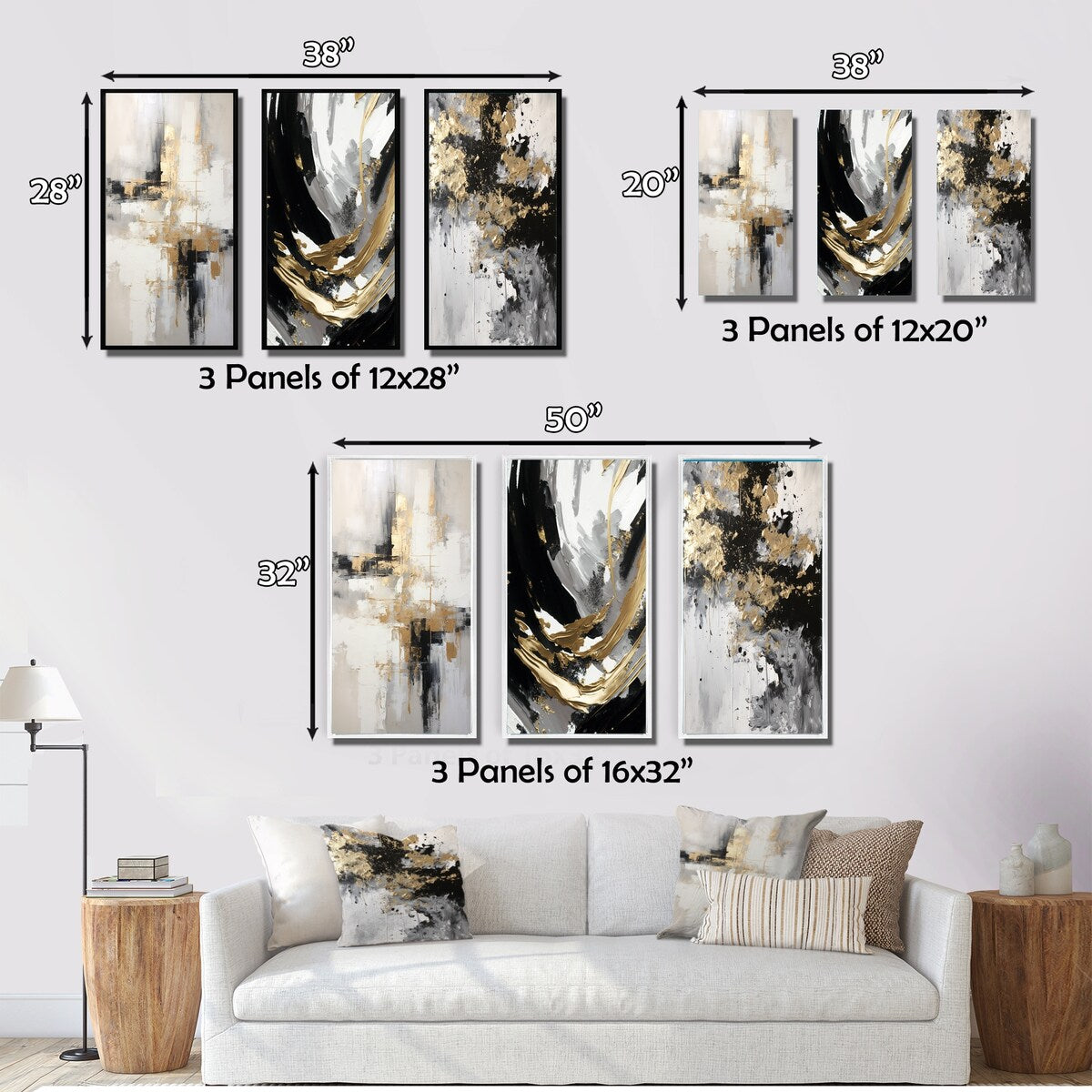 Designart "Essential Bliss Minimalism Abstract Gold Painting" Abstract Painting Canvas Set Of 3 - For Living Room Decor
