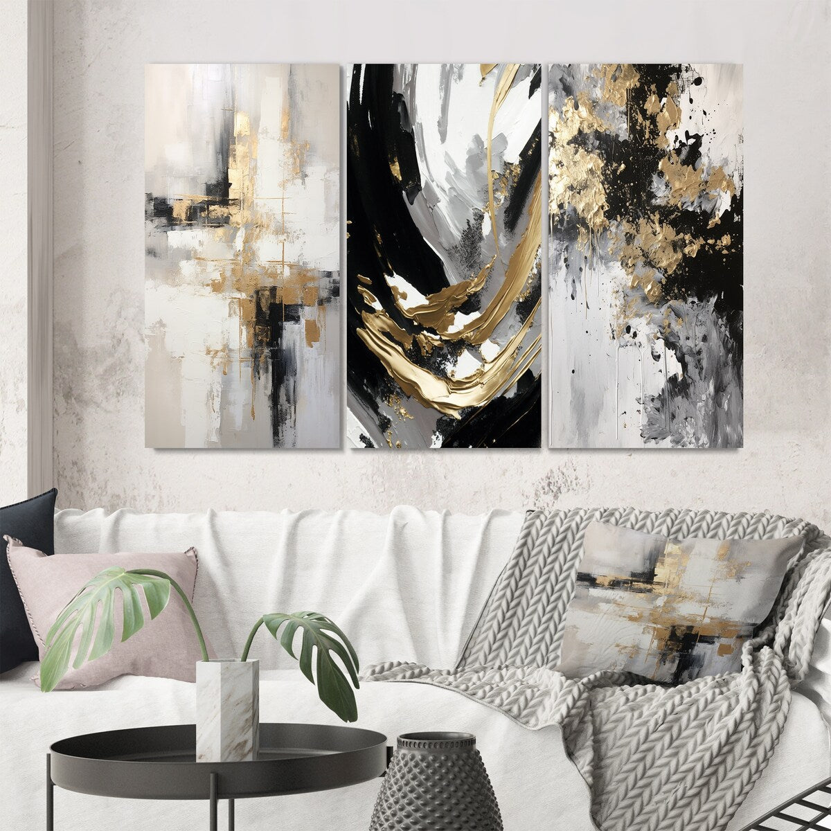 Designart "Essential Bliss Minimalism Abstract Gold Painting" Abstract Painting Canvas Set Of 3 - For Living Room Decor