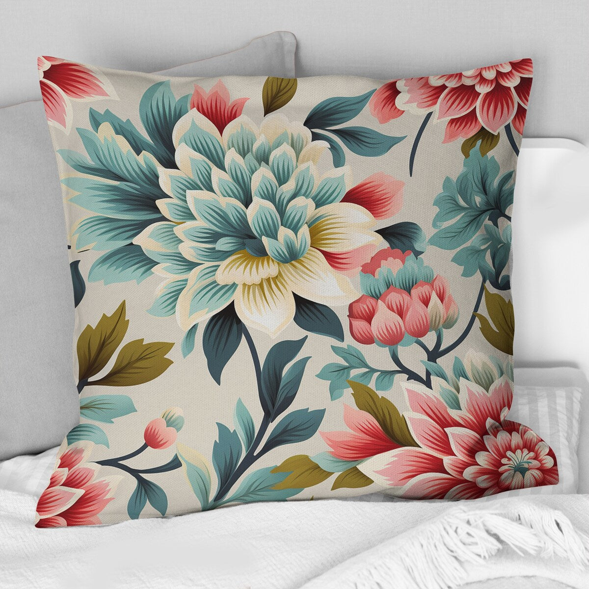 Designart "Ethno Damask Pink And Blue Ferns II" Damask Printed Throw Pillow