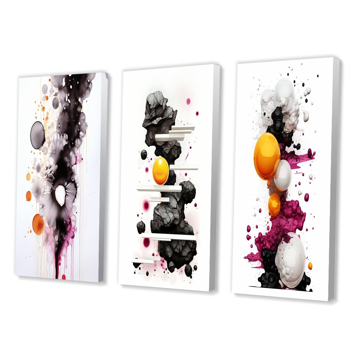 Designart "Exquisite Fluidity Black And Gold Ink Clouds III" Abstract Painting Canvas Set Of 3 - For Living Room Decor