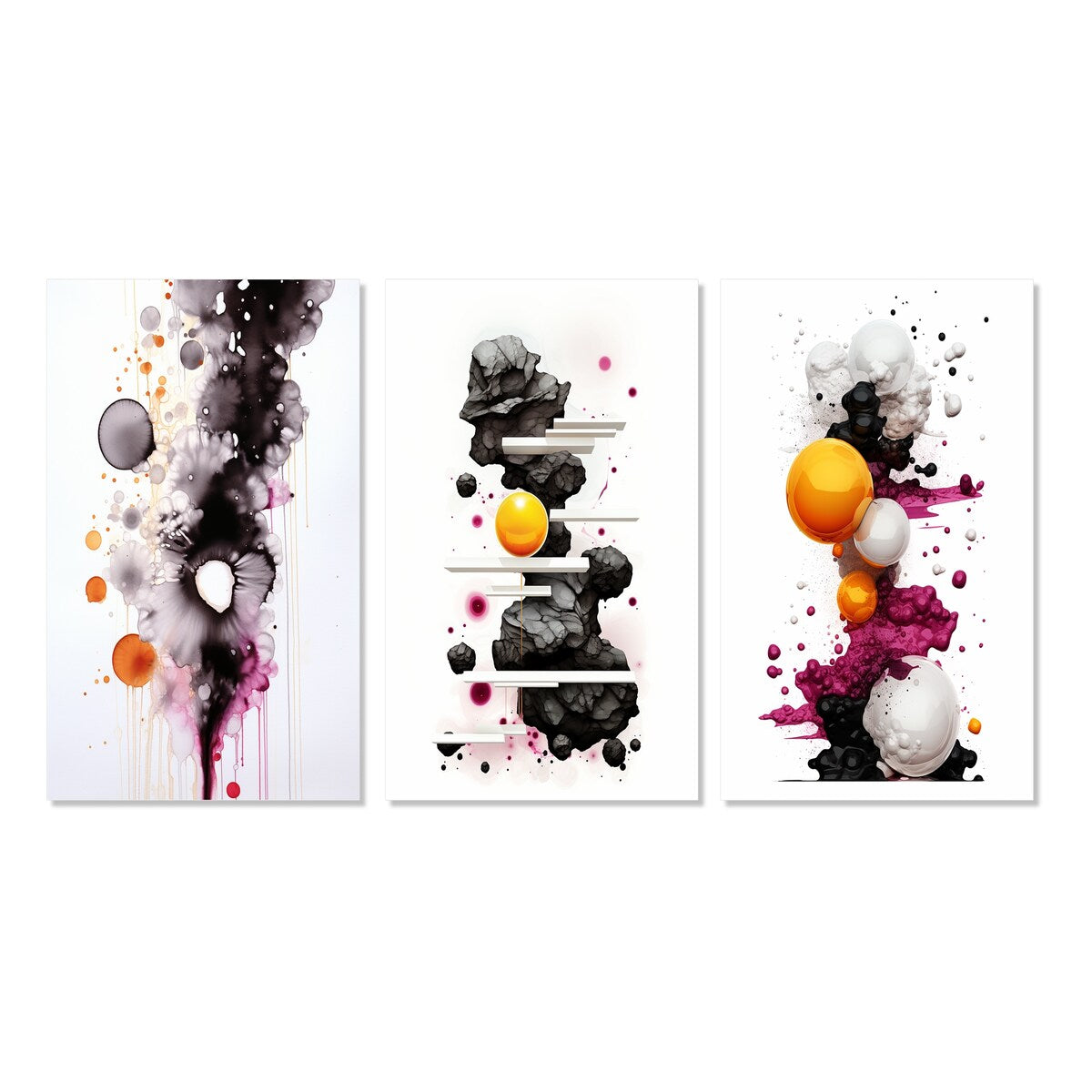 Designart "Exquisite Fluidity Black And Gold Ink Clouds III" Abstract Painting Canvas Set Of 3 - For Living Room Decor