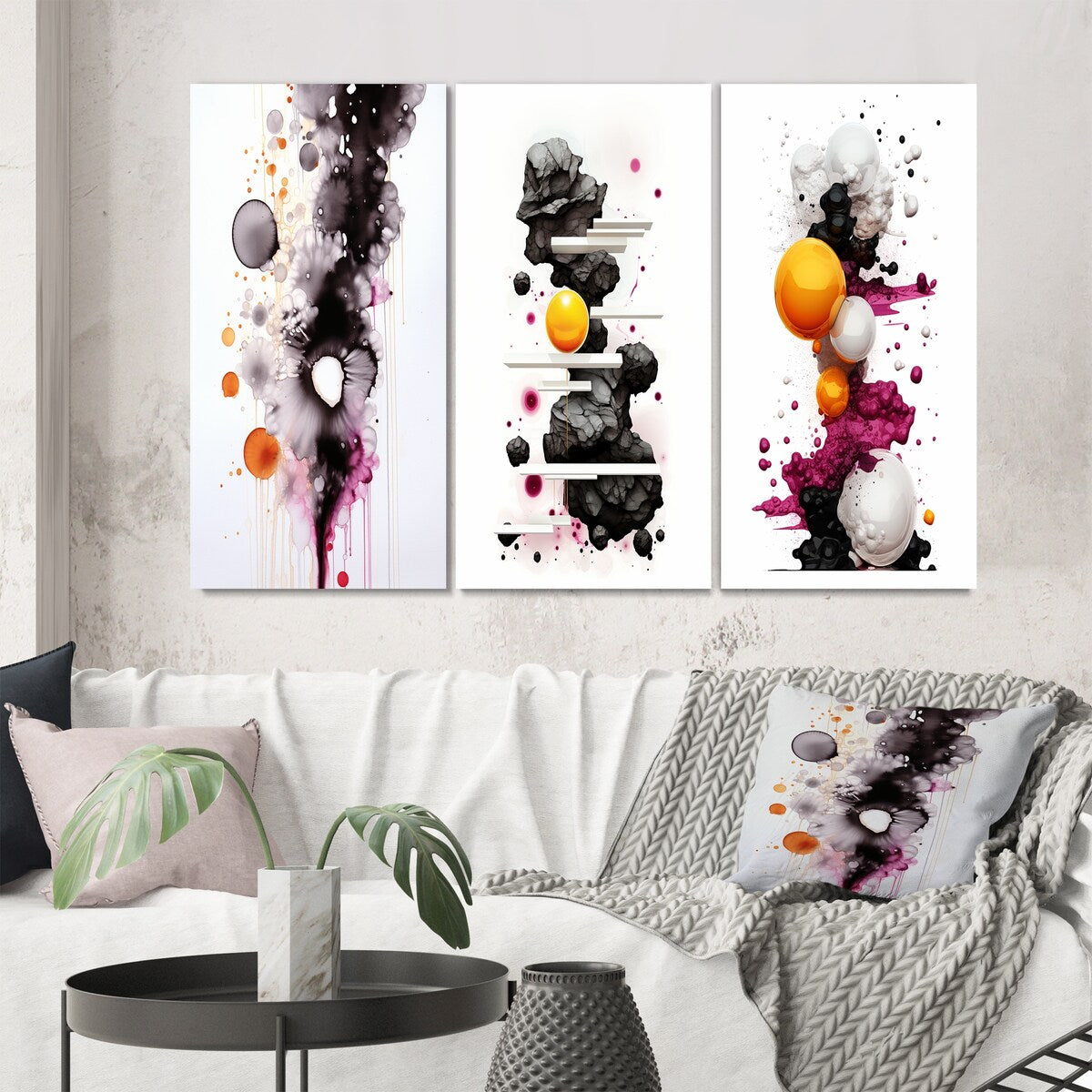 Designart "Exquisite Fluidity Black And Gold Ink Clouds III" Abstract Painting Canvas Set Of 3 - For Living Room Decor