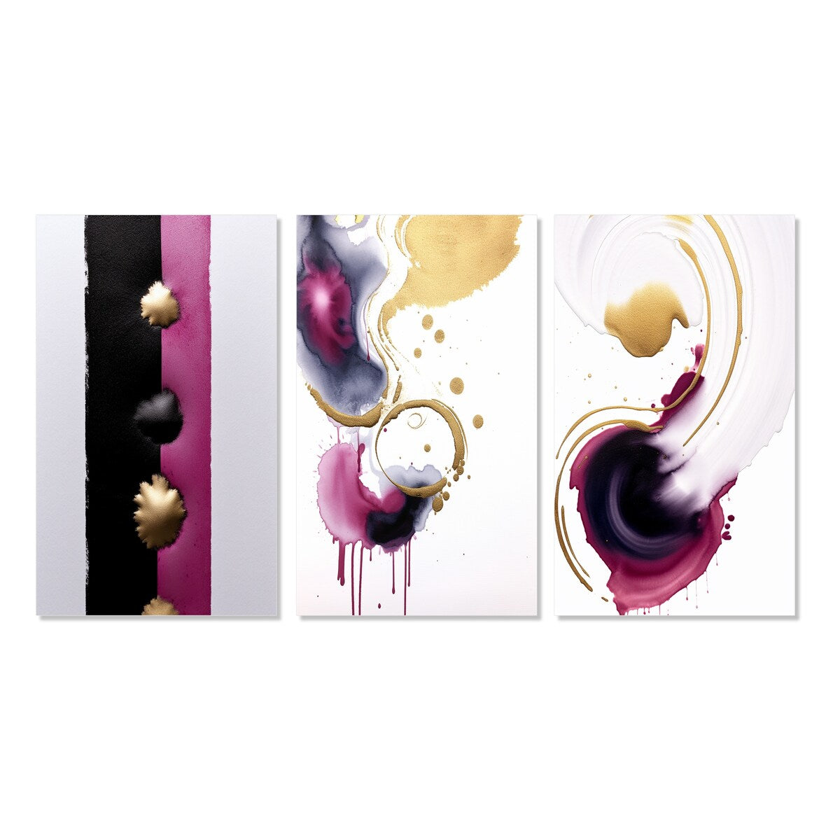 Designart "Exquisite Fluidity Black And Gold Ink Clouds II" Abstract Painting Pink Gallery Wall Set Of 3 For Home Decor