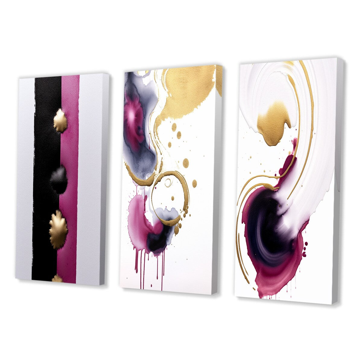 Designart "Exquisite Fluidity Black And Gold Ink Clouds II" Abstract Painting Pink Gallery Wall Set Of 3 For Home Decor