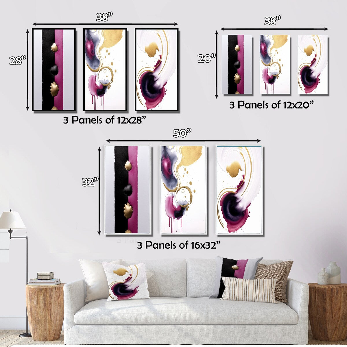 Designart "Exquisite Fluidity Black And Gold Ink Clouds II" Abstract Painting Pink Gallery Wall Set Of 3 For Home Decor