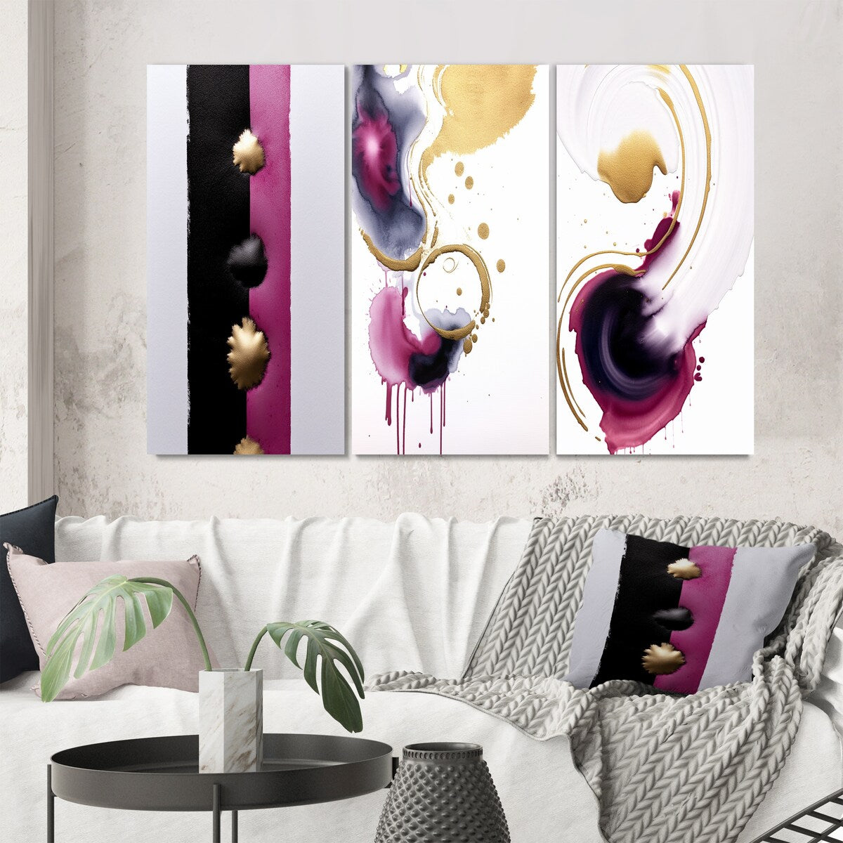 Designart "Exquisite Fluidity Black And Gold Ink Clouds II" Abstract Painting Pink Gallery Wall Set Of 3 For Home Decor