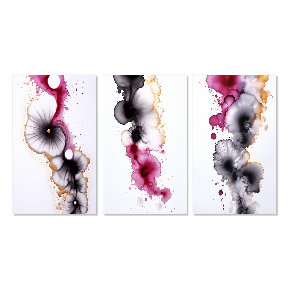 Designart "Exquisite Fluidity Magenta Ink Clouds VI" Abstract Painting Gold - Printed Art Set Of 3 For Bedroom