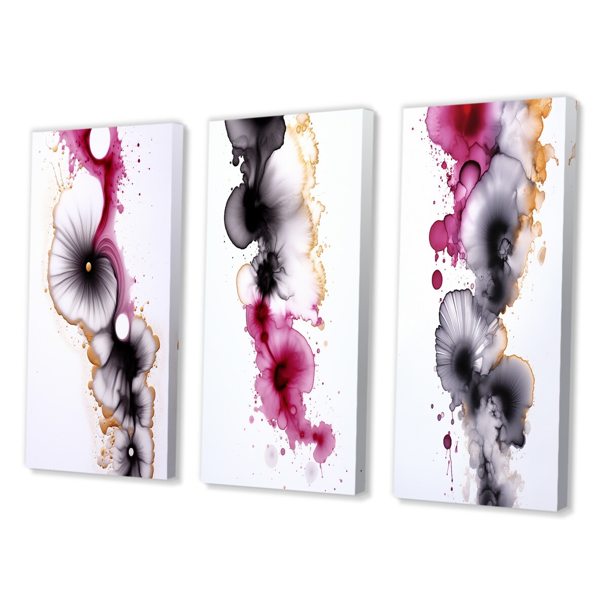 Designart "Exquisite Fluidity Magenta Ink Clouds VI" Abstract Painting Gold - Printed Art Set Of 3 For Bedroom