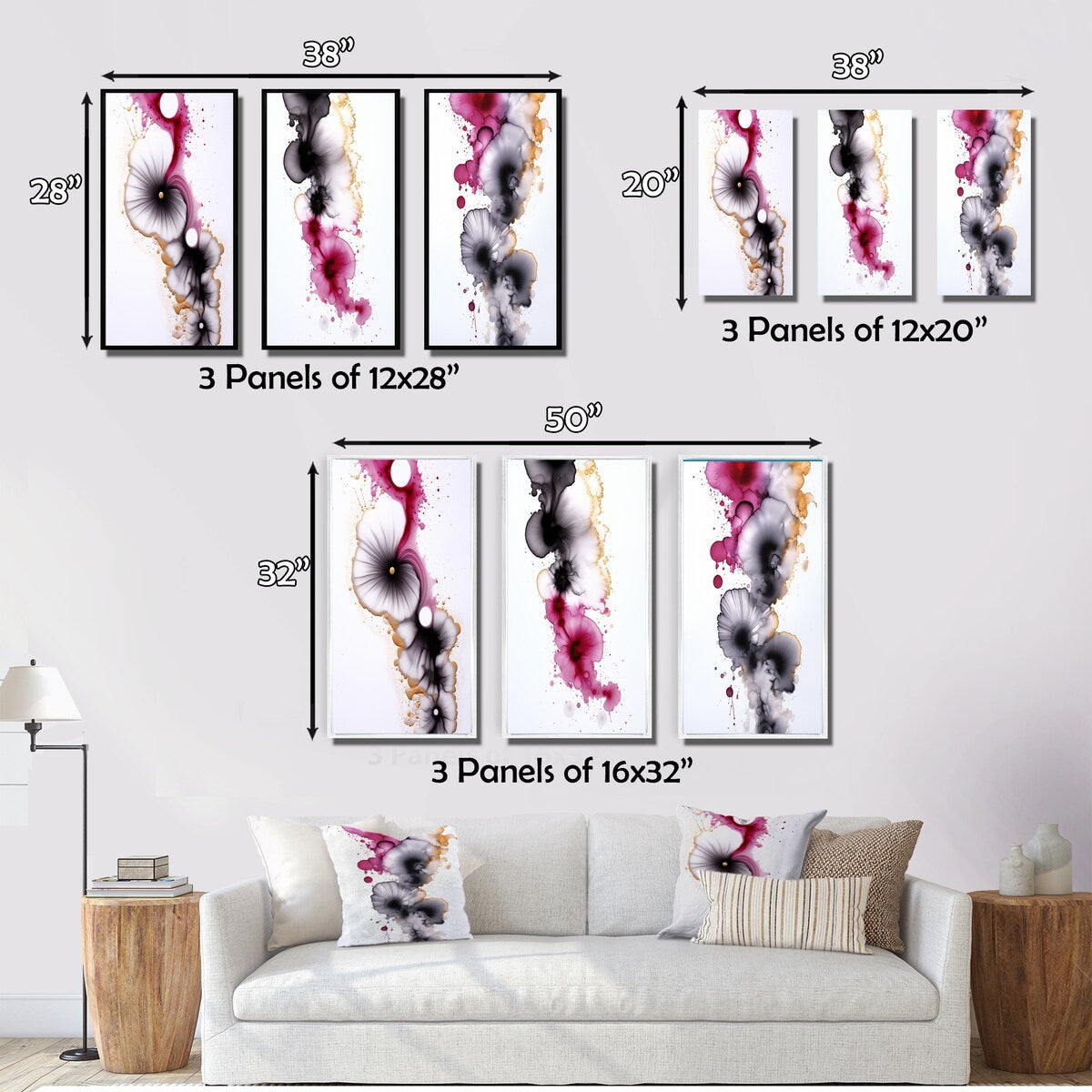 Designart "Exquisite Fluidity Magenta Ink Clouds VI" Abstract Painting Gold - Printed Art Set Of 3 For Bedroom