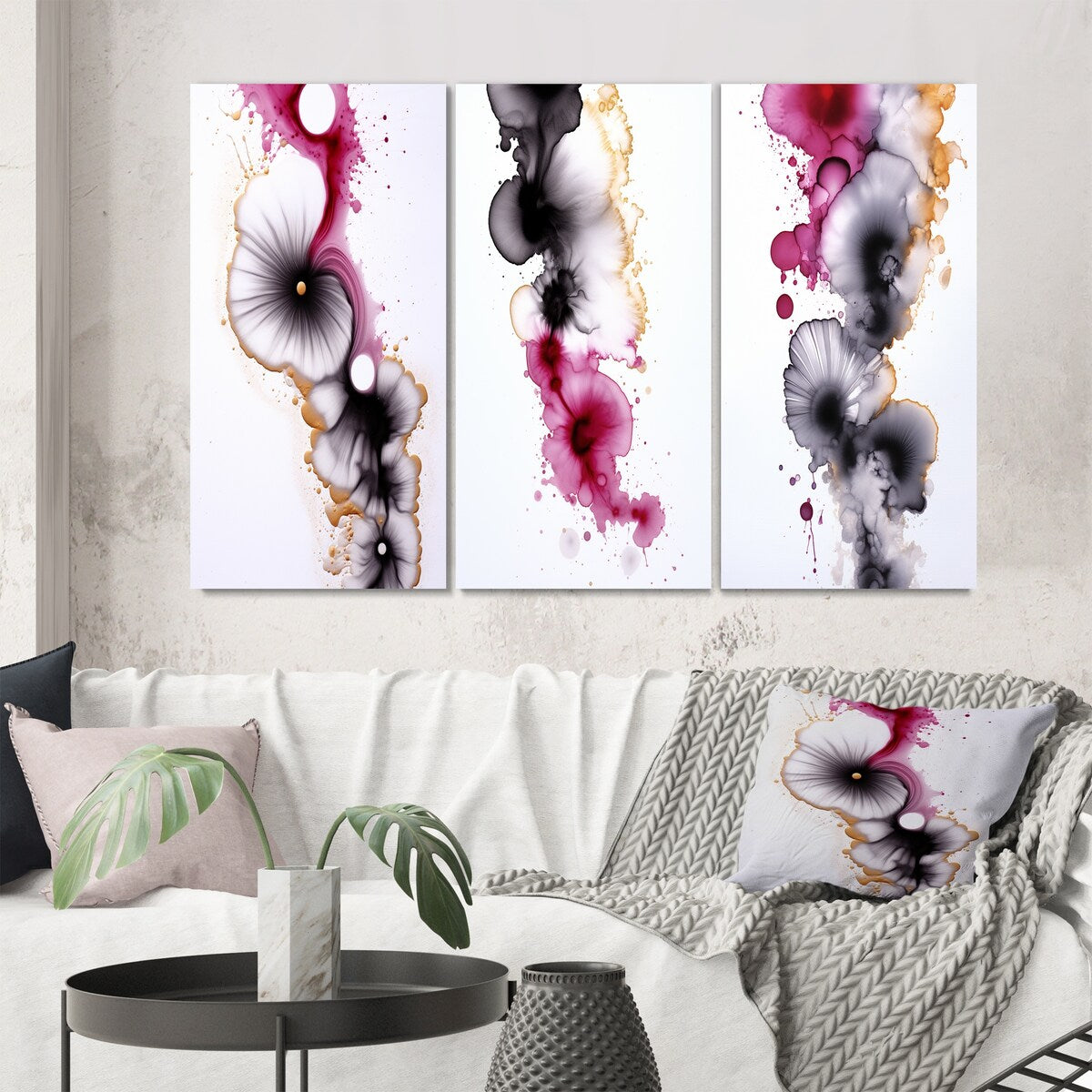 Designart "Exquisite Fluidity Magenta Ink Clouds VI" Abstract Painting Gold - Printed Art Set Of 3 For Bedroom