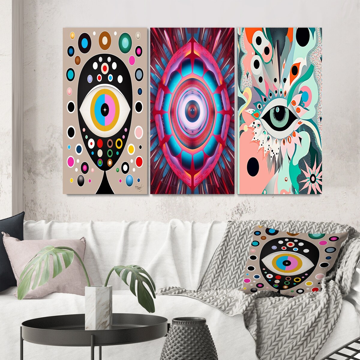 Designart "Eye Of Consciousness Retro Illustration I" Eye Wall Art Set Of 3 - Glam Gallery Set For Office Decor