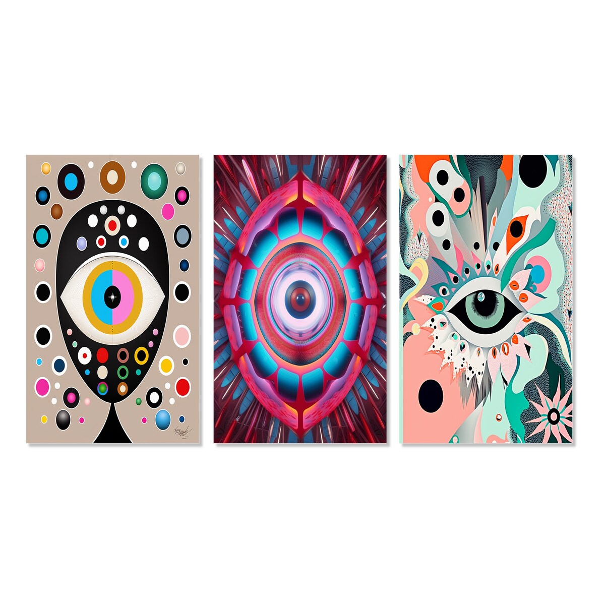 Designart "Eye Of Consciousness Retro Illustration I" Eye Wall Art Set Of 3 - Glam Gallery Set For Office Decor