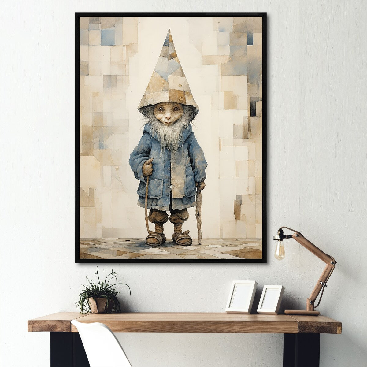 Designart "Fantasy Beige And Blue Gnome Portrait" Gnome Framed Canvas Prints
