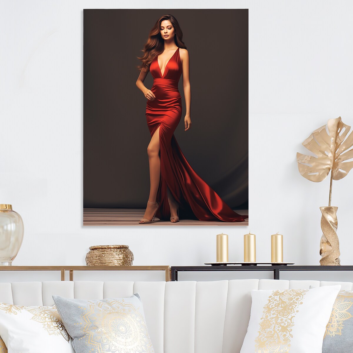 Designart "Fashion Vision Of Red Woman Alure I" Woman Fashion Photography Red Metal Wall Art - Modern Metal Art Work