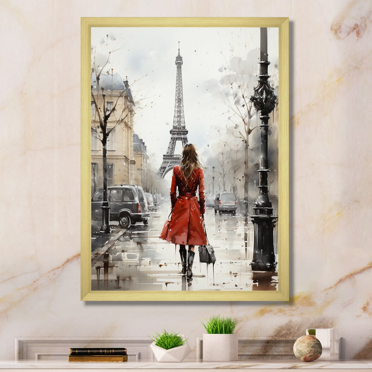 Designart "Fashionista In Red Vintage Paris Watercolor" City Paris Framed Canvas Art Print