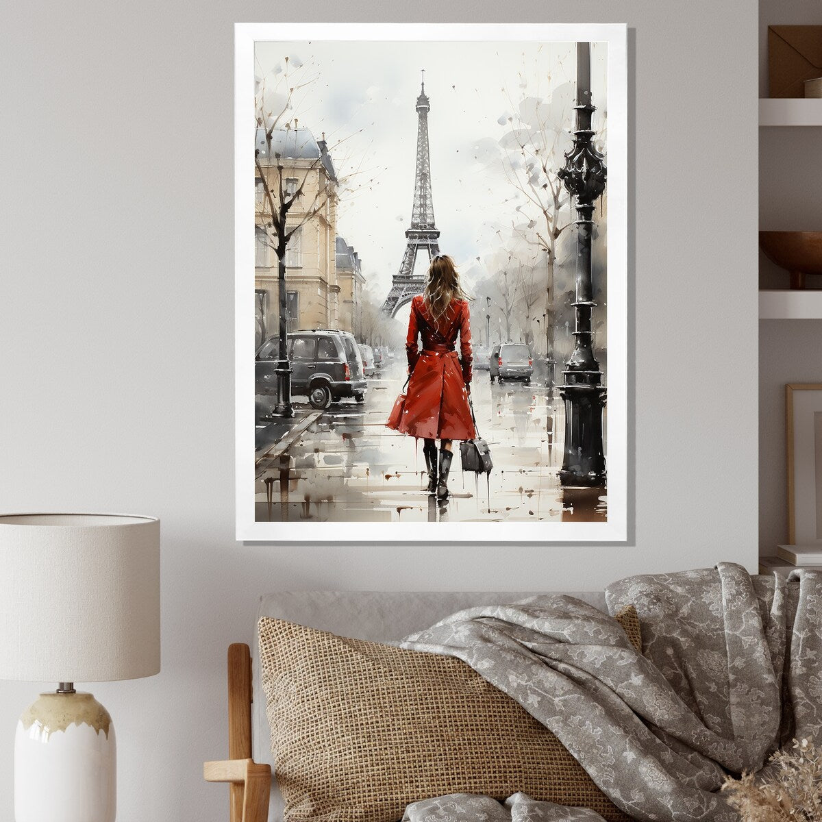 Designart "Fashionista In Red Vintage Paris Watercolor" City Paris Framed Canvas Art Print