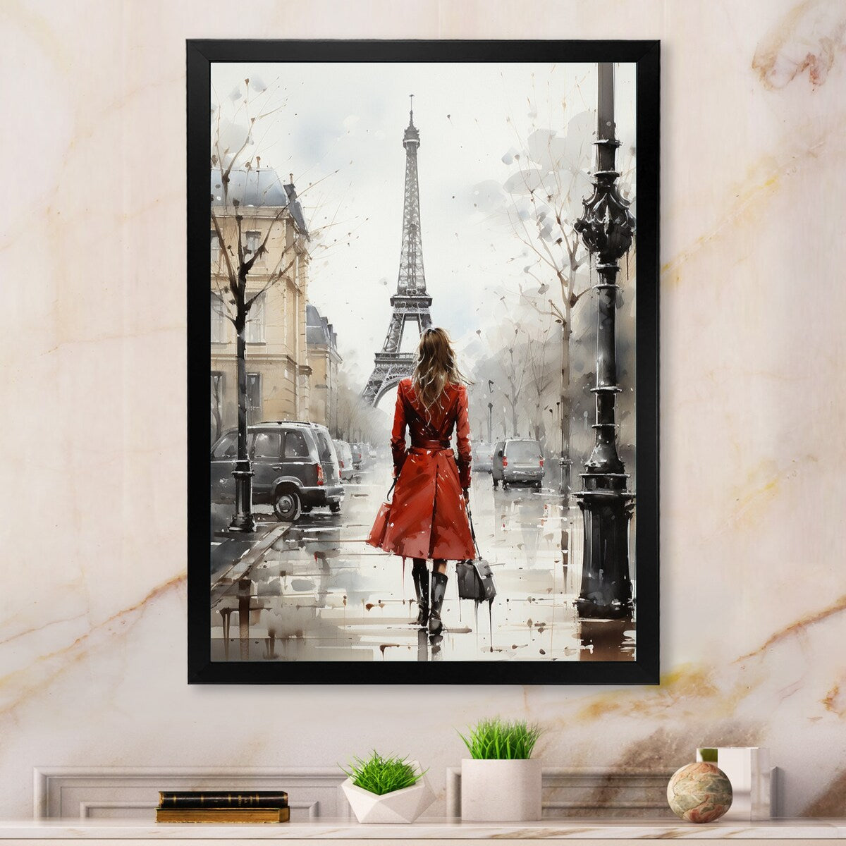 Designart "Fashionista In Red Vintage Paris Watercolor" City Paris Framed Canvas Art Print