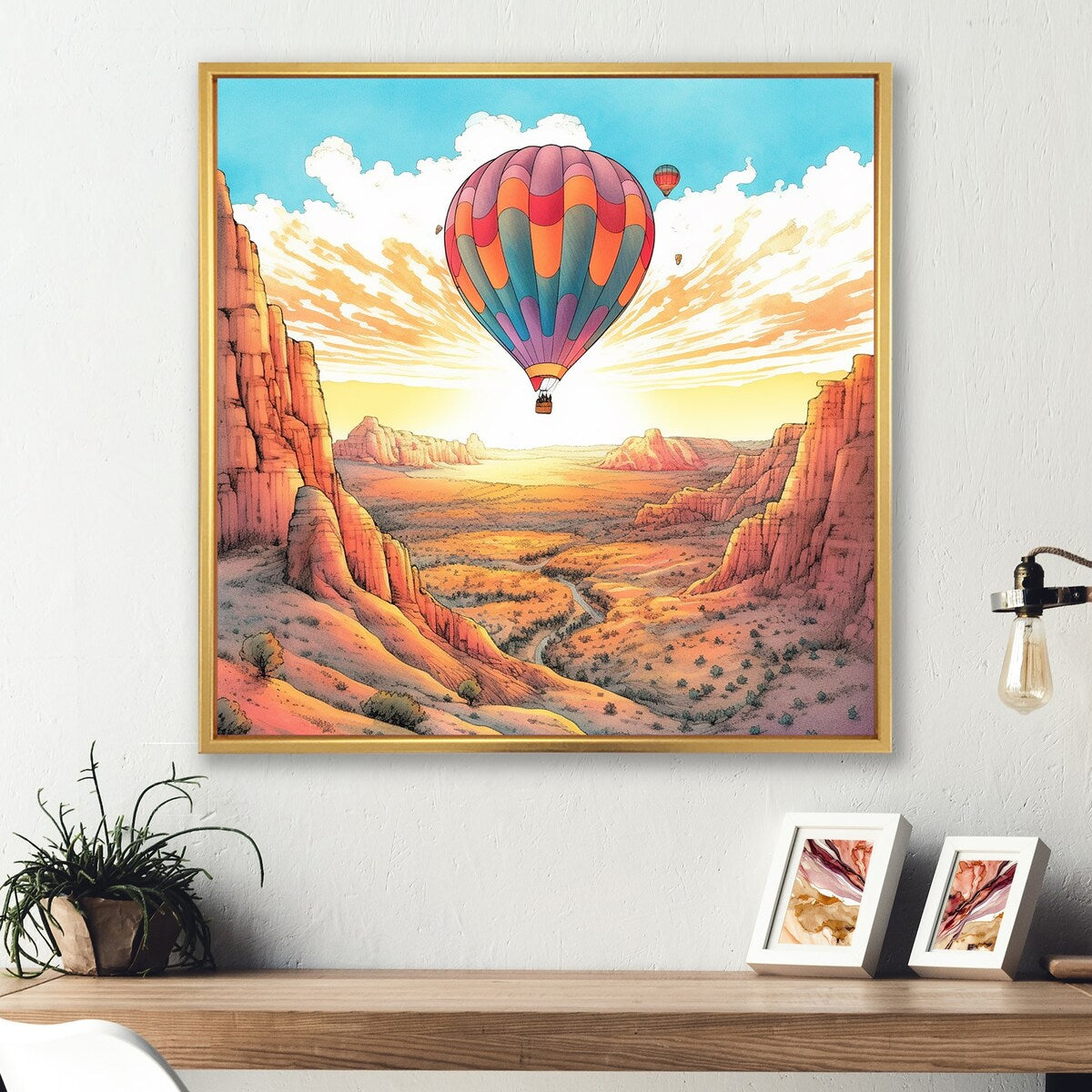 Designart "Floating Dessert Dreamscape Hot Air Balloon I" Hot Air Balloon Framed Canvas Prints